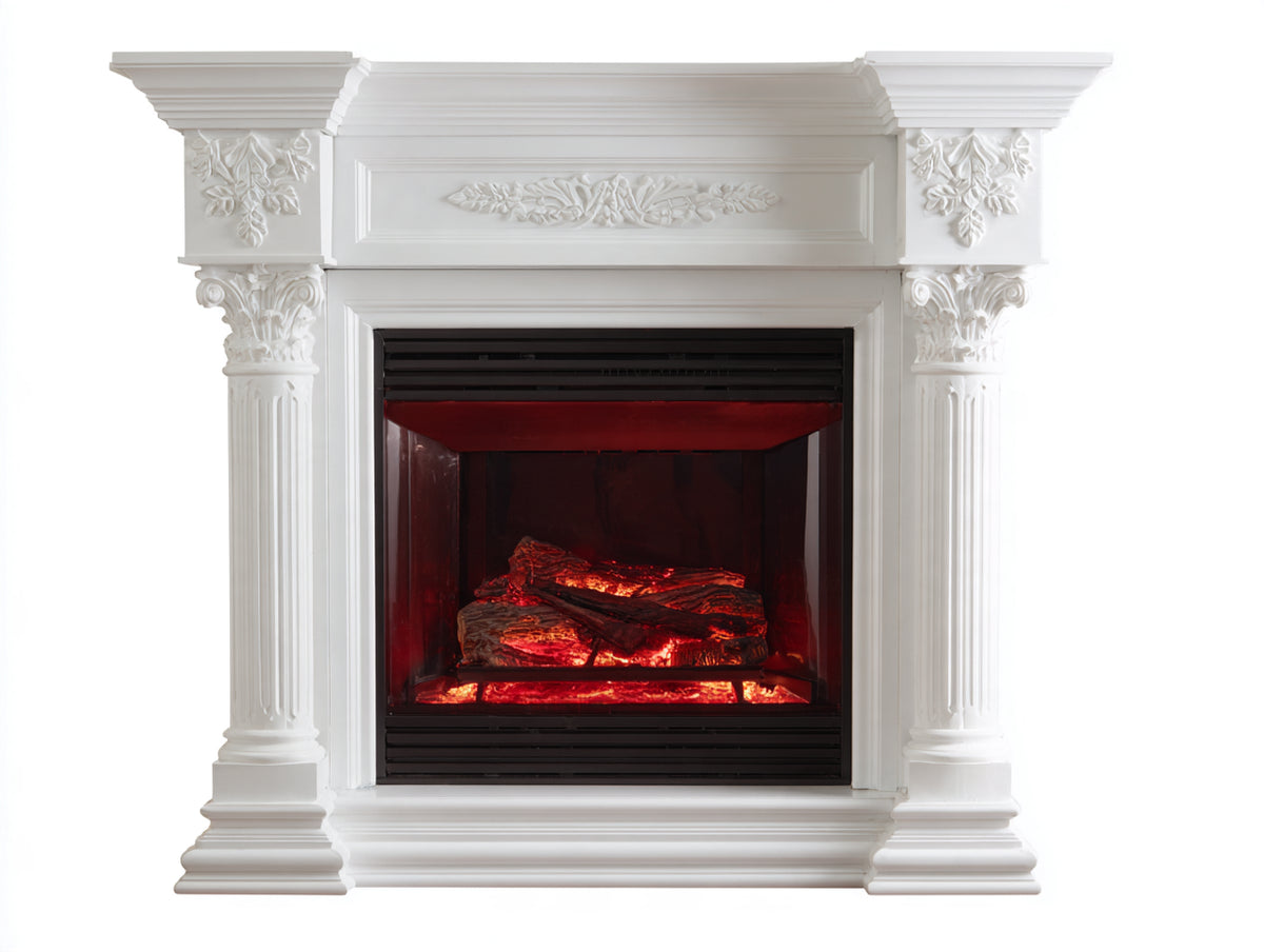 Kamin mit dekorativer Umrandung 120 x 38 x 110 cm - Weiß-Schwarz - Gluteffekt und klassisches Säulendesign mit Ornamenten