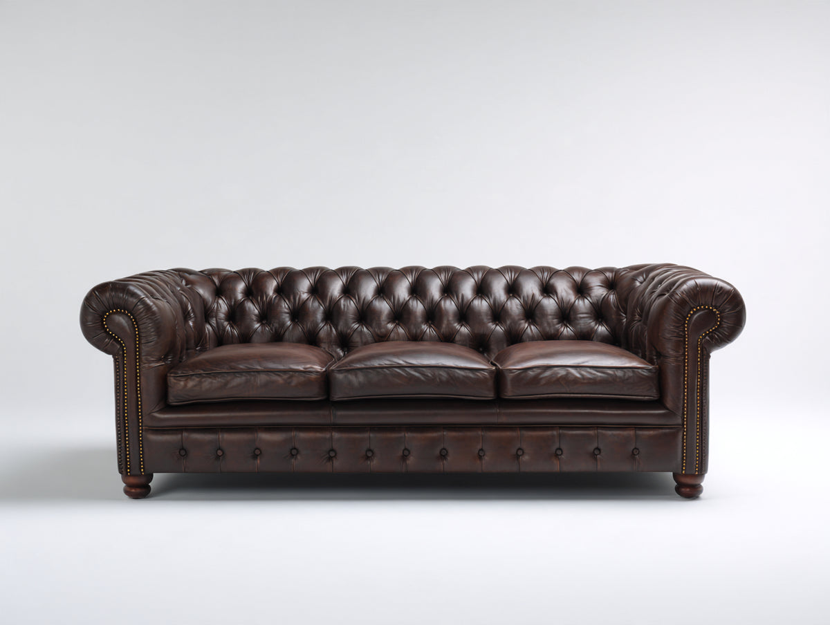 3 Sitzer Sofa Lederpolsterung 225x95x85 cm - Dunkelbraun-Messing - Klassisches Chesterfield-Design für Wohnzimmer