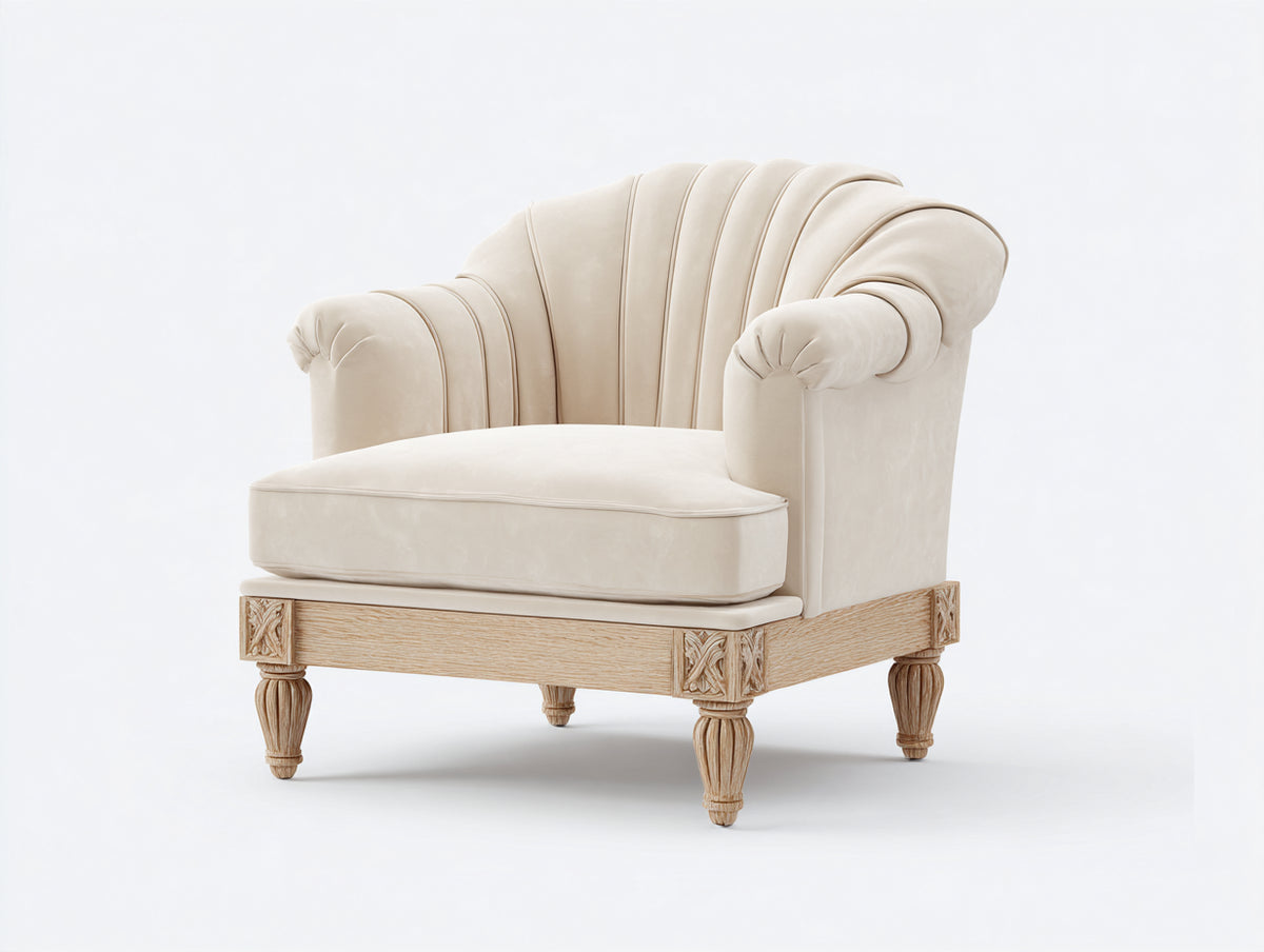 Sessel Stoffbezug 90 x 86 x 94 cm - Creme - klassischer Polstersessel mit Muschelrücken und geschnitztem Holzrahmen