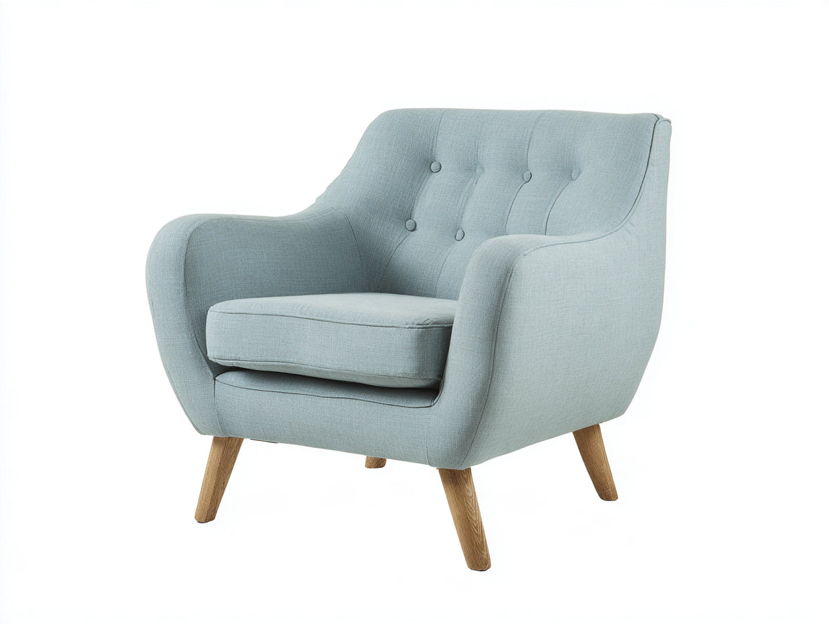Sessel mit Stoffbezug 82 x 86 x 92 cm - Hellblau-Naturholzfarben - Modernes Design mit Knopfheftung und Holzfüßen