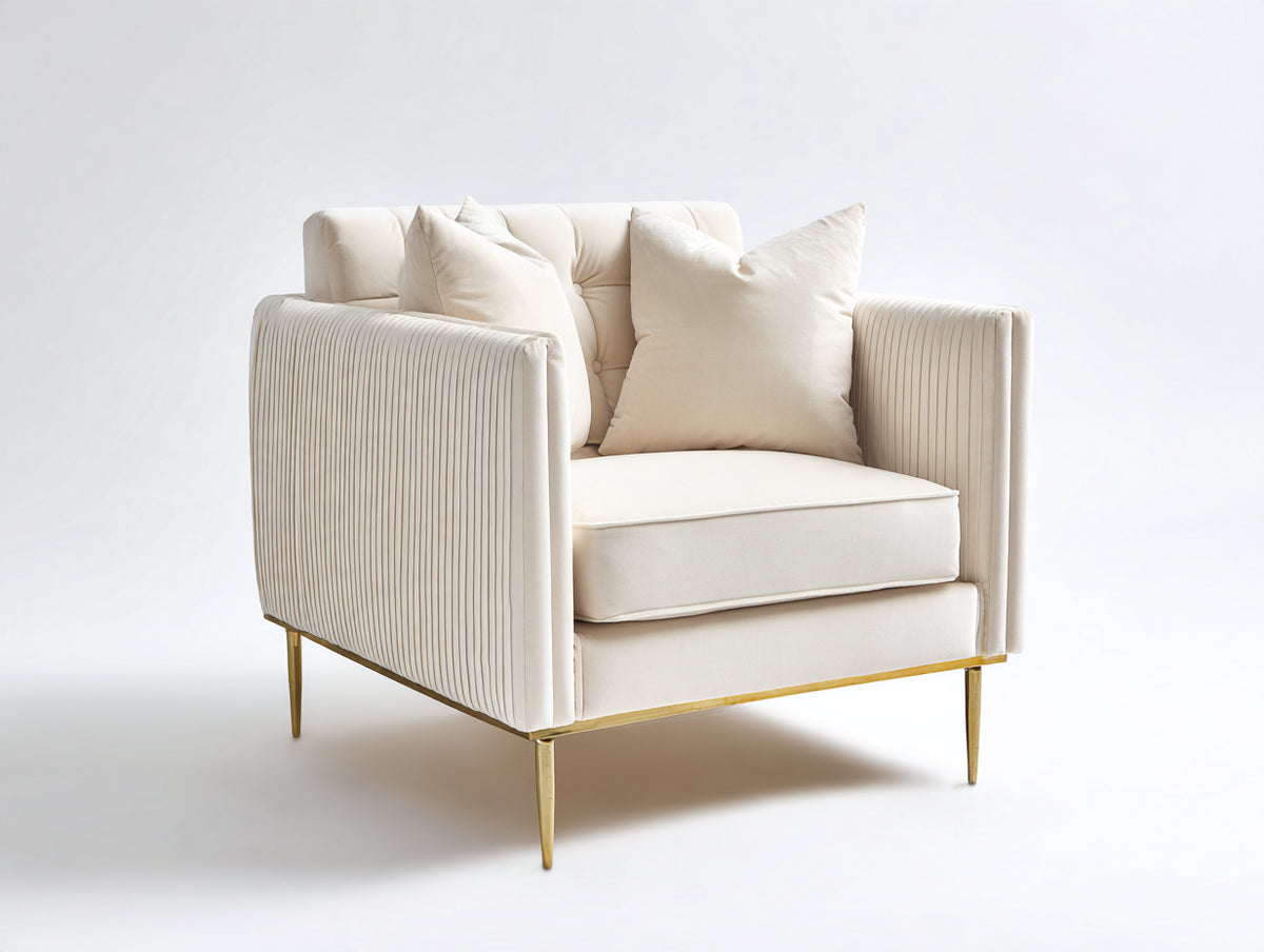 Sessel mit Stoffbezug 90x88x92 cm - Beige - gepolsterte Sitzfläche mit geradlinigen Armlehnen und goldfarbenem Gestell - moderner Wohnzimmerstil