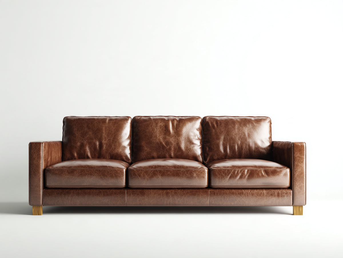 3 Sitzer Sofa Kunstlederpolsterung 220x95x88 cm - Cognacbraun-Naturholz - Modernes Design für Wohnzimmer