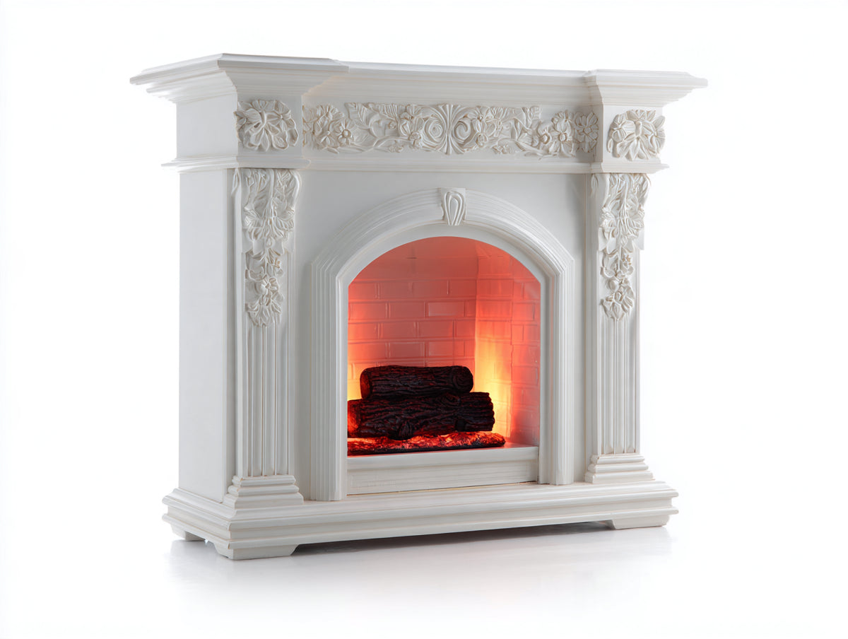 Kamin 130 x 38 x 118 cm - Weiß - klassischer Elektrokamin mit Flammeneffekt und floralem Reliefdekor