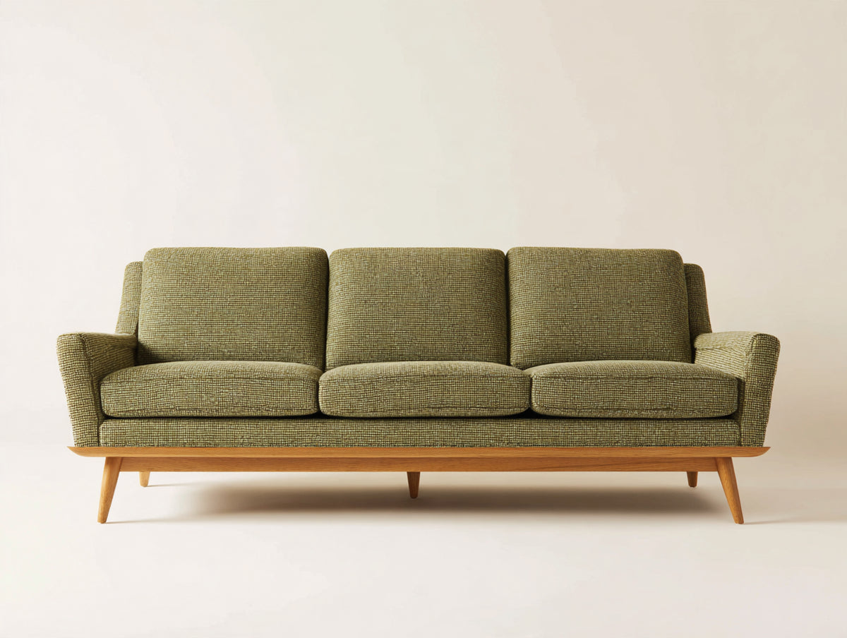 3 Sitzer Sofa Stoffpolsterung 215x90x85 cm - Olivgrün-Naturholz - Modernes Mid-Century-Design für Wohnzimmer