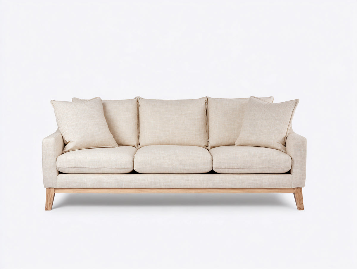 3 Sitzer Sofa mit Stoffbezug 220 x 90 x 85 cm - Beige-Naturholzfarben - Modernes Design mit Holzgestell