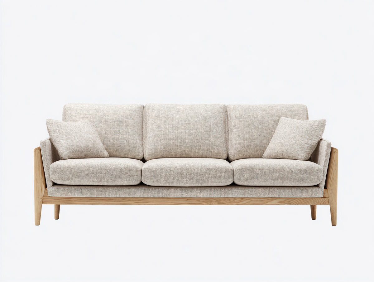 3 Sitzer Sofa mit Stoffbezug 220 x 90 x 88 cm - Beige-Naturholz - Holzrahmen und moderne Polsterung