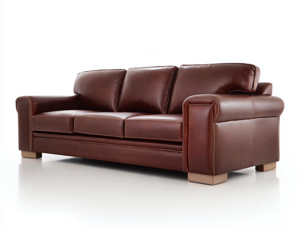 3 Sitzer Sofa mit Bezug in Lederoptik 220x95x88 cm - Braun - gepolsterte Sitzflächen mit breiten Armlehnen - klassisches Wohnzimmerdesign