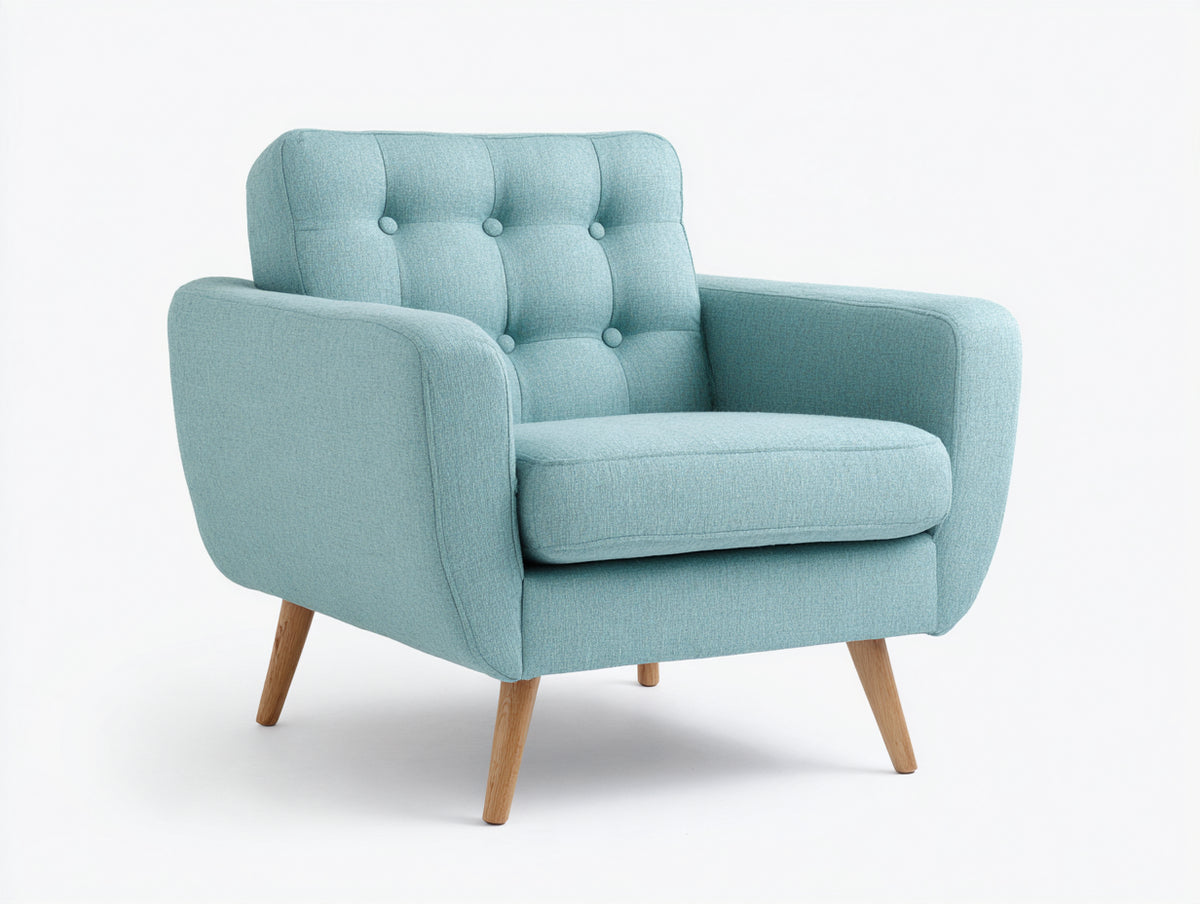 Sessel mit Stoffbezug 90 x 85 x 88 cm - Hellblau-Naturholz - Knopfheftung und ausgestellte Holzfüße im Retro Design