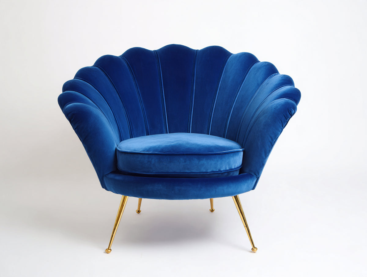 Sessel mit Samtbezug 90 x 85 x 95 cm - Dunkelblau-Goldfarben - Modernes Muscheldesign mit Metallfüßen
