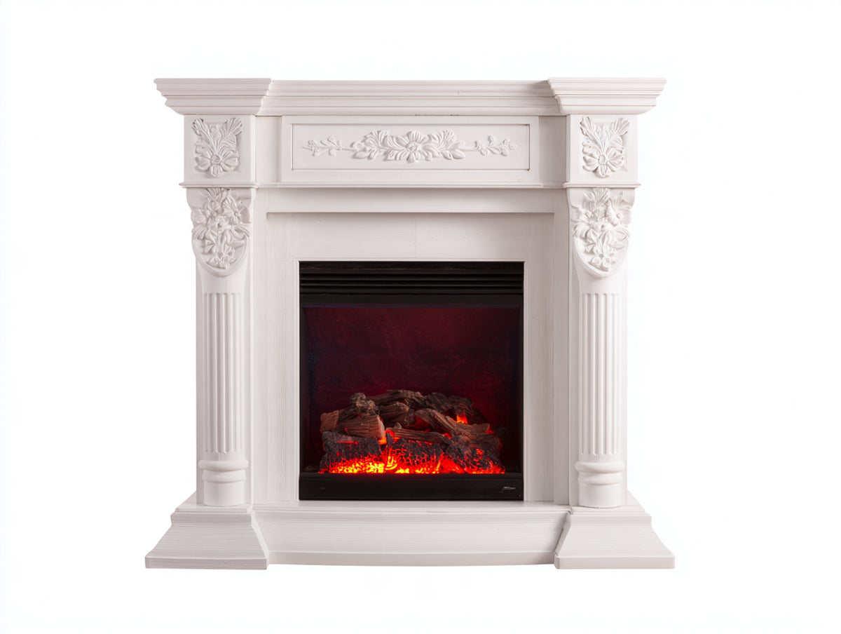 Kamin 115 x 35 x 115 cm - Weiß - klassischer Elektrokamin mit Flammeneffekt und floralem Reliefdekor