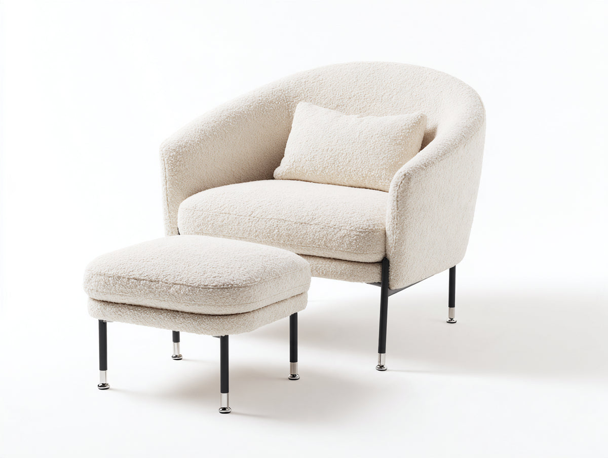 Sessel Bouclé-Stoff 88x85x82 cm - Cremeweiß-Schwarz - Modernes Design mit Hocker für Wohnzimmer