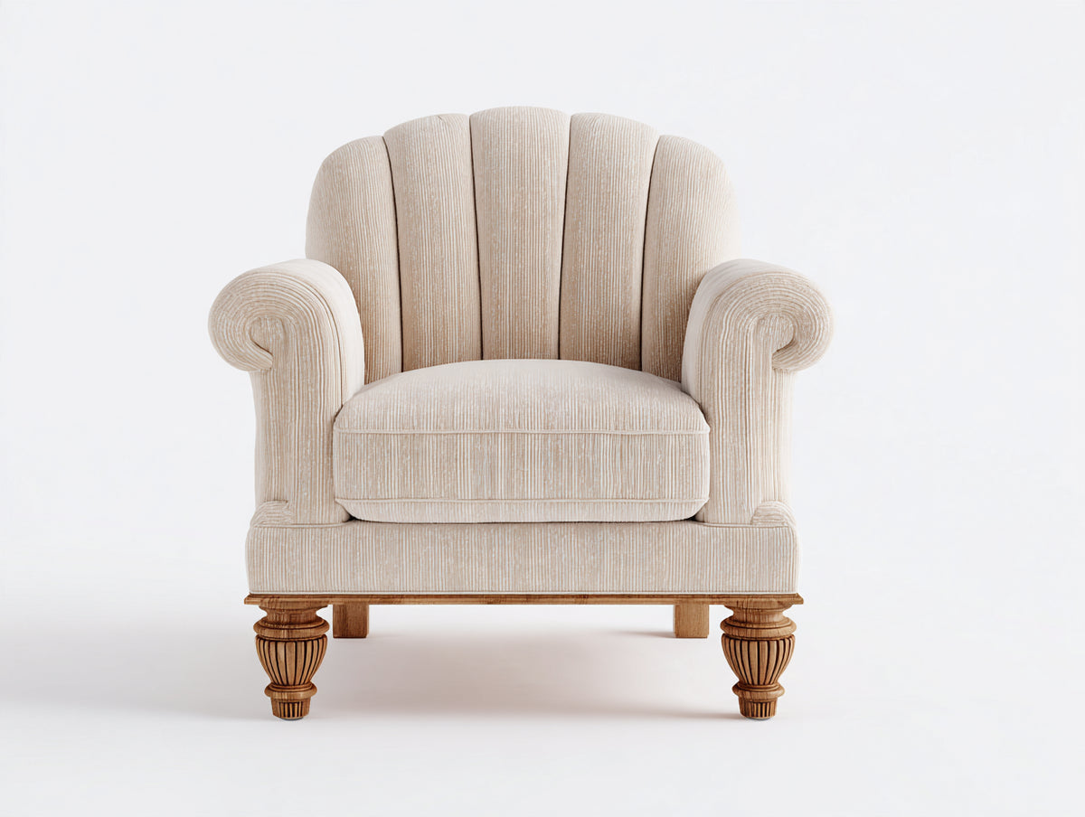 Sessel Stoffbezug 92 x 88 x 98 cm - Creme - klassischer Polstersessel mit Muschelrücken und geschnitzten Holzfüßen